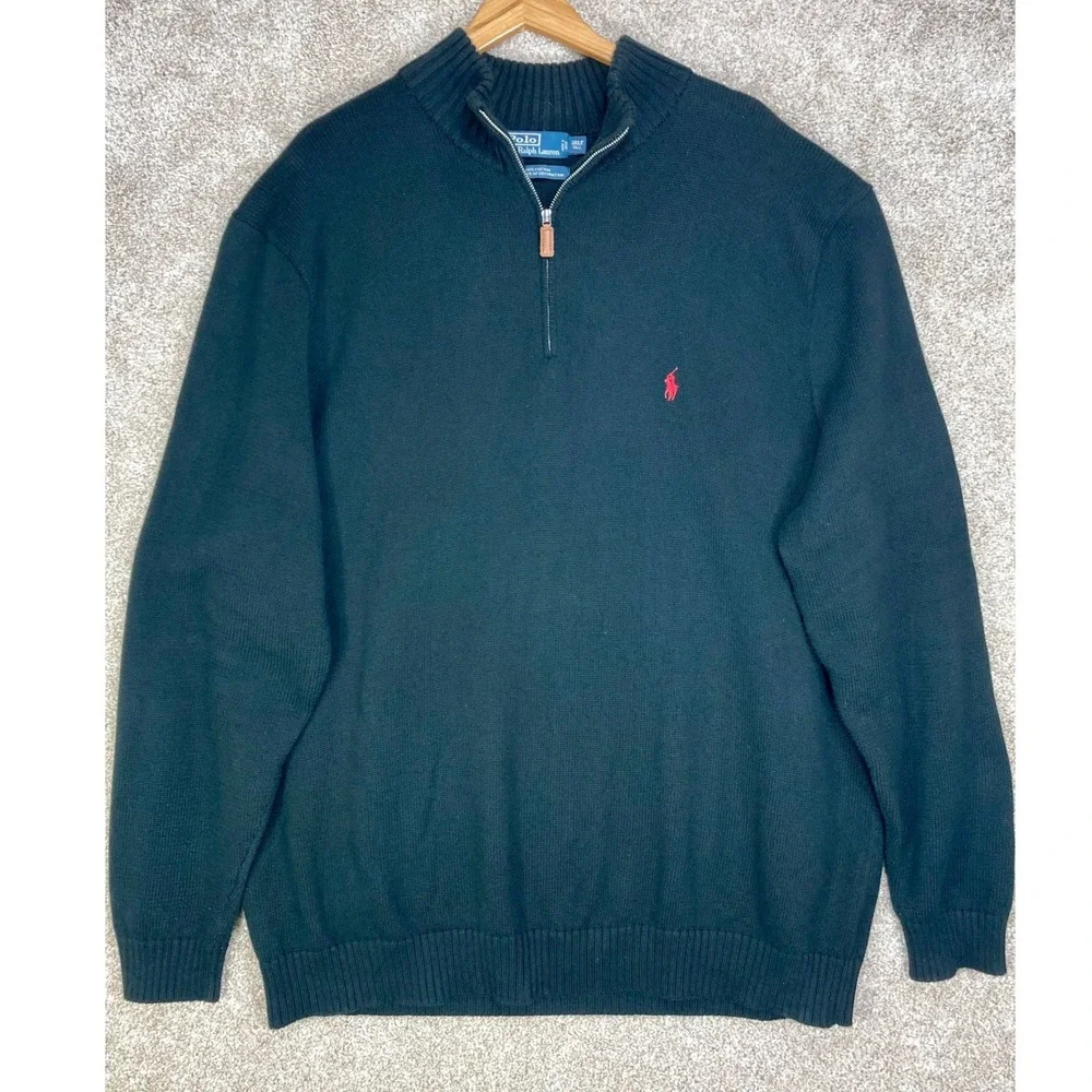 Polo Ralph Lauren Quarter Zip Sweater Mens 3XLT Black Cotton Pony Logo Preppy